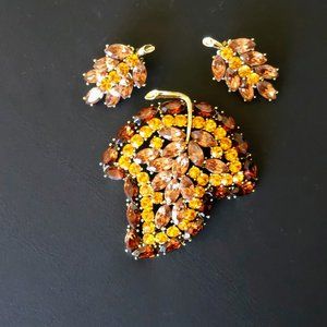 Vintage Rhinestone Leaf Brooch & Earring Set